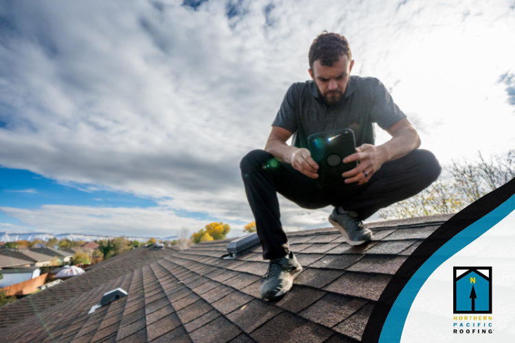 Northern Pacific Roofing expert assessing roof damage in San Anselmo.