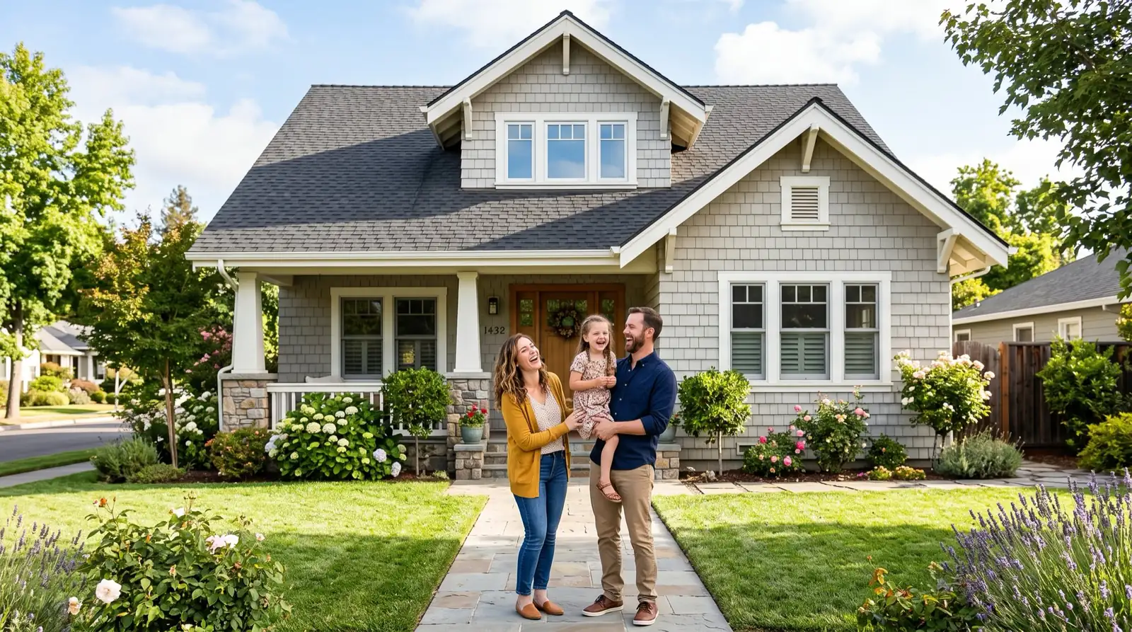 A family in front of their North Bay home with a new Northern Pacific Roofing roof