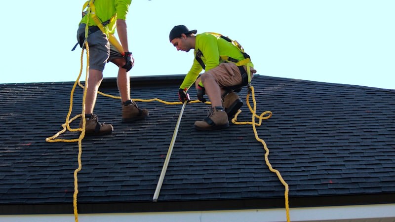 Roofers on a residential shingle roof